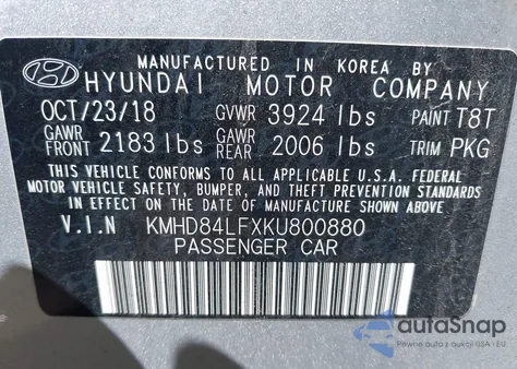 2019 Hyundai Elantra Value Edition from USA, damaged, VIN KMHD84LFXKU800880